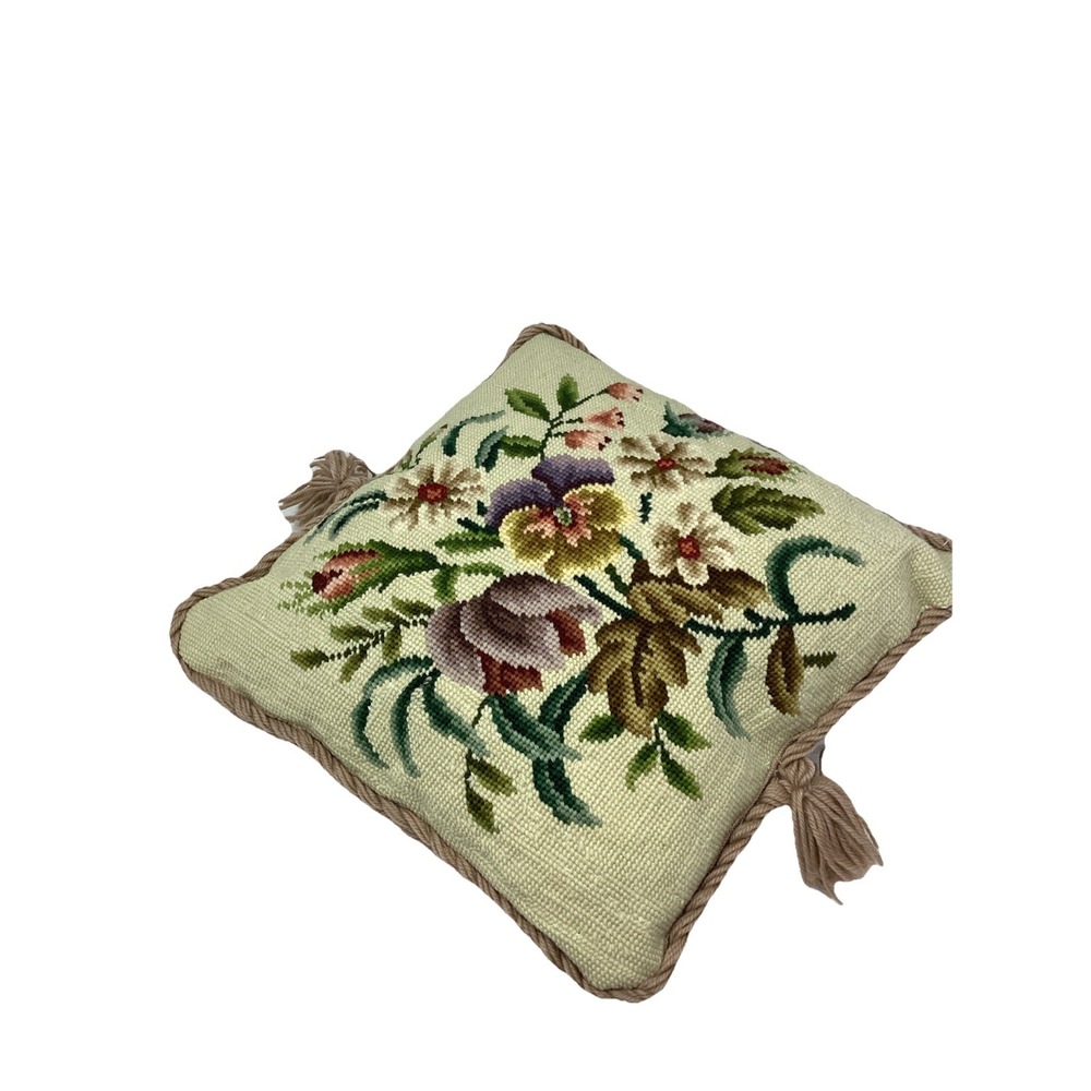 Vintage Wool Floral Needlepoint Tapestry Pillow Handmade Tan Cotton Back 13x13"